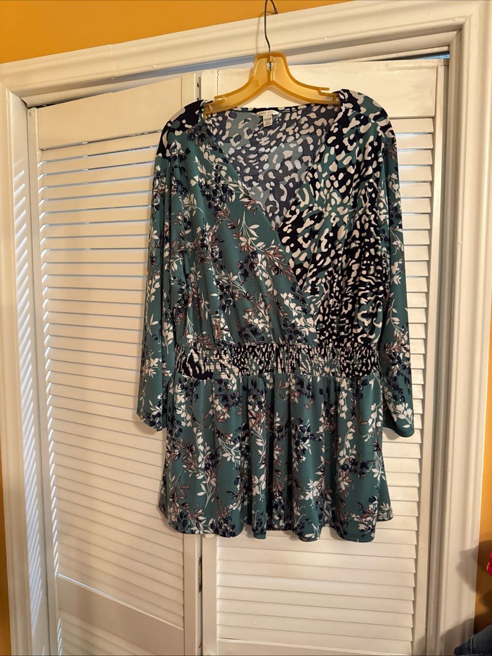 Cato Teal Mixed-Print Wrap-Style Blouse